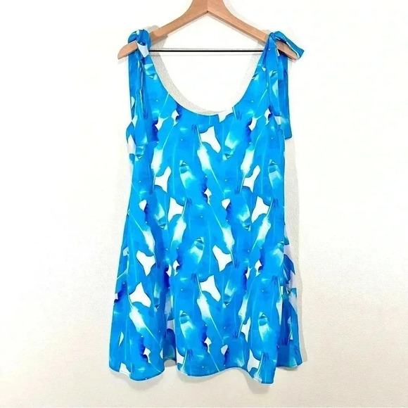 Palms Away Mini Blue Palm Leaves Dress with Pockets - Picture 1 of 8